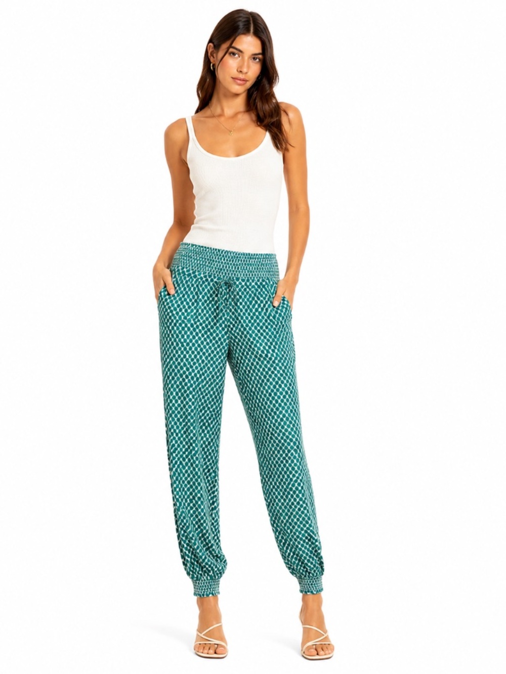 'Cream' Teal & White Geometric Floral Cotton Jogger Pants – Size Medium Like New